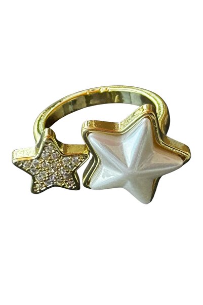 TAKIŞTIR Gold Color Star Figured Pearl and Stone Detailed Adjustable Ring