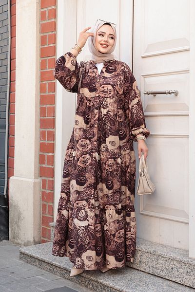 N.S NEVA STYLE Patterned Brown Hijab Dress 19037Kh