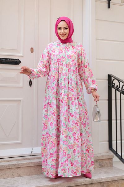 N.S NEVA STYLE Floral Patterned Pink Hijab Dress 19034P