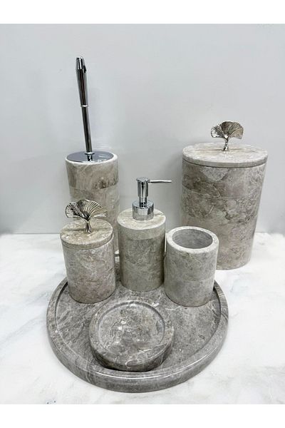Modestmar Gray Marble Round Bathroom Set Set 7 Piece Silver Ginko