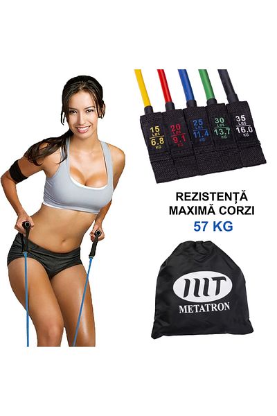 METATRON mT Set Extensor 11 piese - 5 corzi elastice fitness cu accesorii și program de antrenament