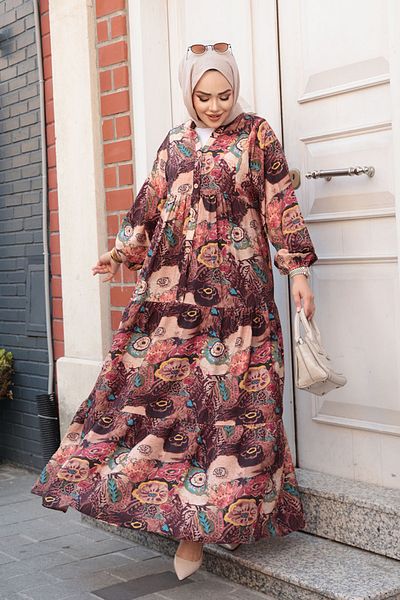 N.S NEVA STYLE Patterned Burgundy Hijab Dress 19037Br