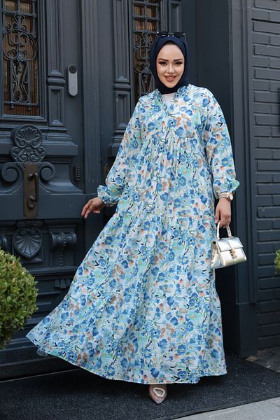 N.S NEVA STYLE Floral Patterned Blue Hijab Dress 19034m