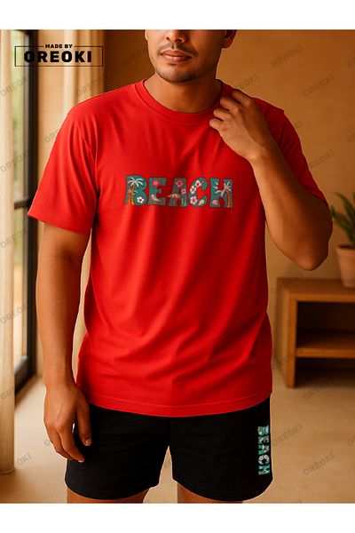 EFFRENATU Orki Beach Men's Summer Red T-Shirt & Black Shorts Set