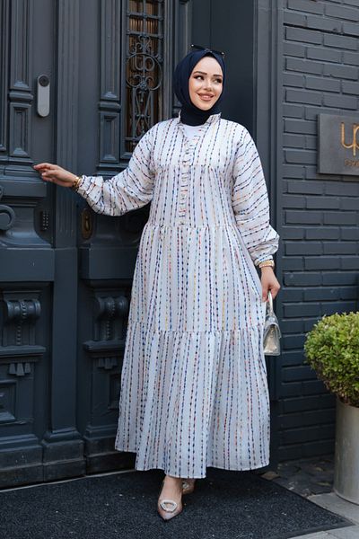 N.S NEVA STYLE Striped Ecru Hijab Dress 103016E
