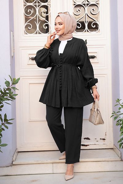 N.S NEVA STYLE Set dublu Hijab negru cu detaliu de pile 19031S