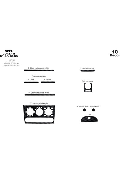Marscockpitdesign أوبل كورسا B / تيجرا / كومبو كونسول-توربيدو 1993-2000 10 قطع