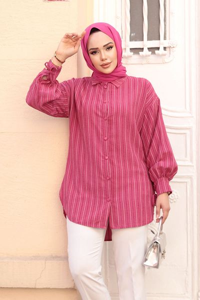 N.S NEVA STYLE Striped Fuchsia Hijab Tunic 101016F