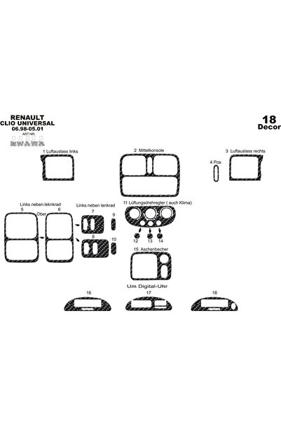 Marscockpitdesign رينو كليو مطلي بالألمنيوم 1998-2001 18 قطعة