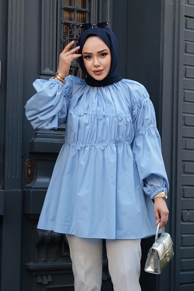 N.S NEVA STYLE Baby Blue Hijab Tunic with Drawstring Detail 101033Bm