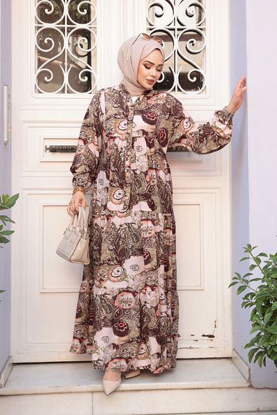 N.S NEVA STYLE Patterned Khaki Hijab Dress 19037Hk