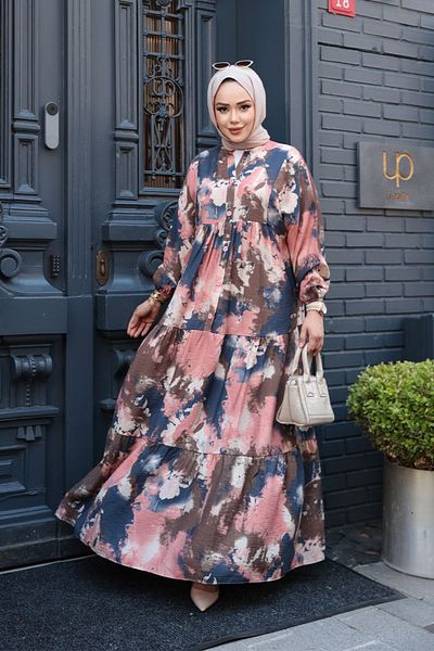 N.S NEVA STYLE Patterned Salmon Hijab Dress 19038Smn