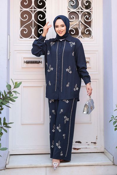 N.S NEVA STYLE Set dublu Hijab bleumarin cu broderie de mărgeluțe 19030L