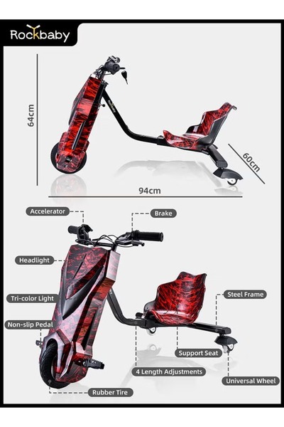 rexa Kids' 3‑Wheel Electric Drift Scooter – Red, 68.5×54×21 cm, Bluetooth & LED Light