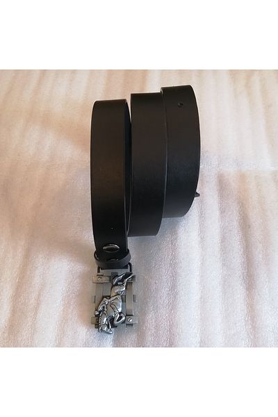 Butik Tülin Unisex Authentic Faux Leather Black Metallic Gray Hurdle Jumping Horse and Jockey Small Cowboy Buckle Belt