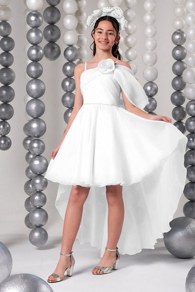 SIRRI Girl's Celestia White Asymmetrical Organza Flower Detailed Special Occasion Dress (Age 10-15)