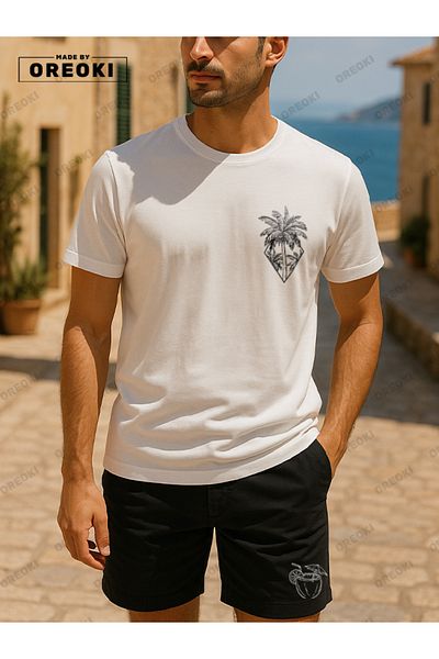 EFFRENATU Orki Tropical Diamond Men's Summer Shorts Set – Palm Printed White T-Shirt & Black Shorts
