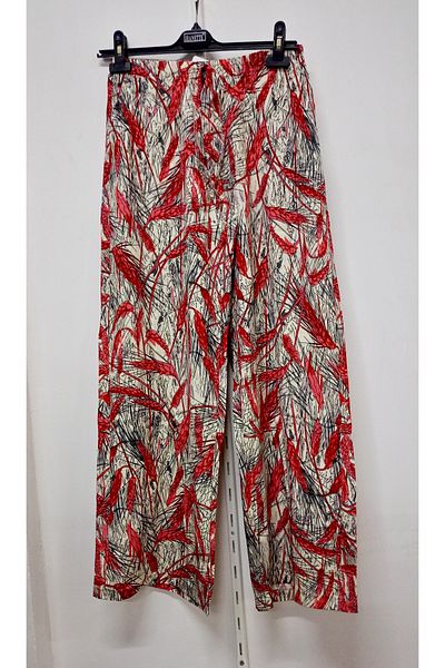 Sude Women's Woven Fabric Red Cream Black Pocket Wide Leg Trousers