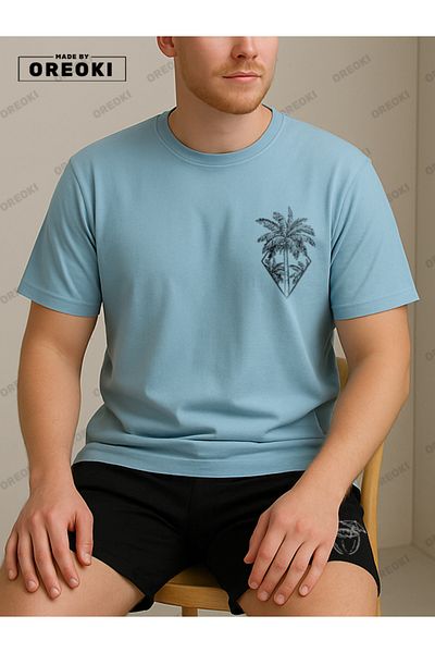EFFRENATU Orki Tropical Diamond Men's Summer Shorts Set – Palm Printed Light Blue T-Shirt & Black Shorts