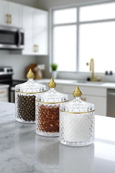 TrendDeco 3-Piece Gold Gilded Glass Spice Rack Set with Lid Glass Spice Set Medium Size