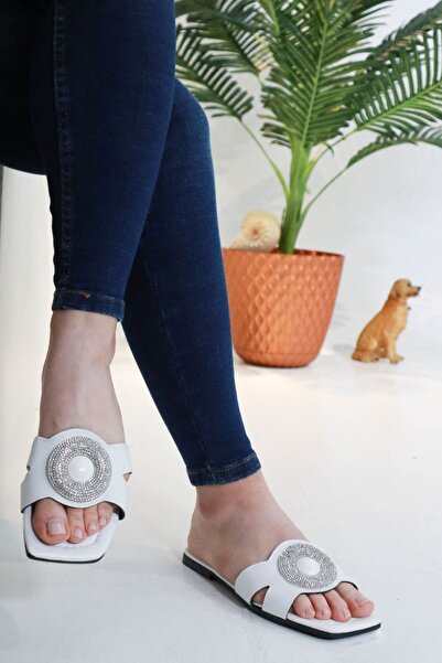 sermoda Flat Bottom Brooch Silicone Stone Women's Summer Slippers Nw White