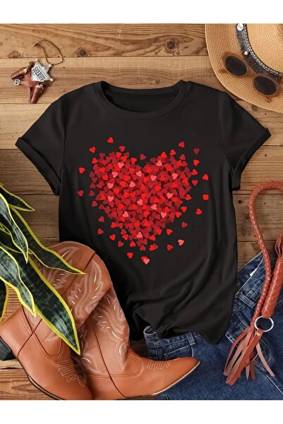 VOICTEC Γυναικείο μπλουζάκι Oversize Red Hearts με στάμπα Crew Neck
