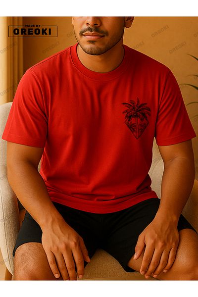 EFFRENATU Orki Tropical Diamond Men's Summer Shorts Set – Palm Printed Red T-Shirt & Black Shorts