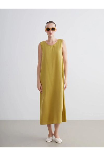 LC Waikiki Lcwaikiki Classic Green Crew Neck A-Line Linen Blend Dress