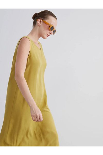 LC Waikiki Lcwaikiki Classic Green Crew Neck A-Line Linen Blend Dress