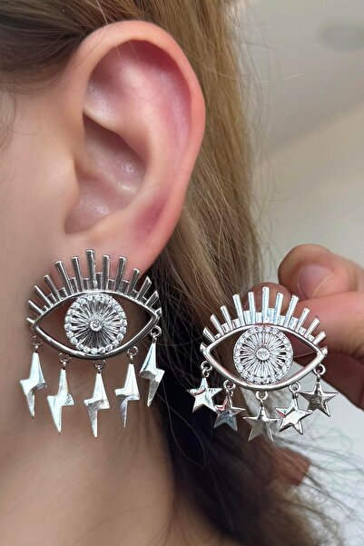 TAKIŞTIR أقراط فضية اللون مزينة بحجر على شكل عين (زوج)