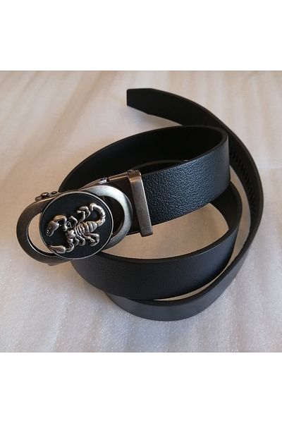 Butik Tülin Unisex Authentic Genuine Cowhide Leather Black Silver Antique Tumbled Scorpion Automatic Buckle Belt