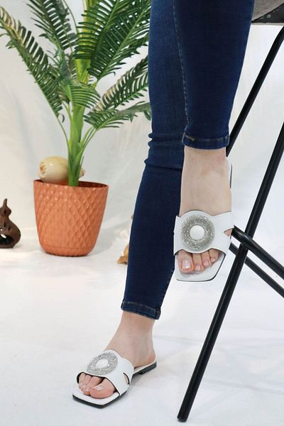 Moda Anna Papuci de vară pentru femei Broșă cu fund plat și piatră de silicon NW White