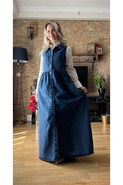 Cardella Women's Sleeveless Buttoned Pocket Denim Gilet Dress – Seasonal Denim Full Length Buttoned