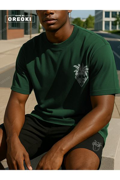 EFFRENATU Orki Tropical Diamond Men's Summer Shorts Set – Palm Printed Jungle Green T-Shirt & Black Shorts