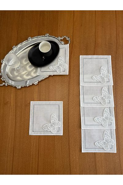 Smiling Home 6 τεμάχια εκρού λινό διπλής σειράς κεντημένο εσωτερικό περιτύλιγμα Ασημένια φορητή πεταλούδα κοκτέιλ χαρτοπετσέτα