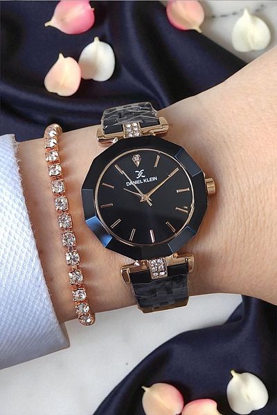 Daniel Klein 30 mm Cut Glass, Stone, 3 Atm Waterproof Rose/Black Women's Wrist Watch, Stone Bracelet Gift
