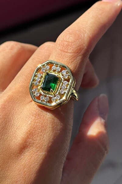 TAKIŞTIR خاتم ذهبي اللون مزين بالحجر الأخضر قابل للتعديل