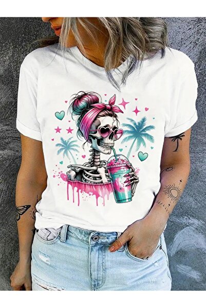 VOICTEC Tricou oversize pentru femei cu imprimeu schelet cu decolteu