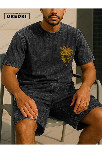 EFFRENATU Orki Tropical Diamond Men's Summer Shorts Set – Palm Printed Tie Dye T-Shirt & Black Shorts