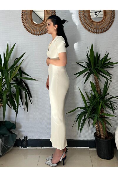 Lefon FİTİLLİ KUMAŞ DÜĞMELİ YIRTMAÇLI SLİM ELBİSE