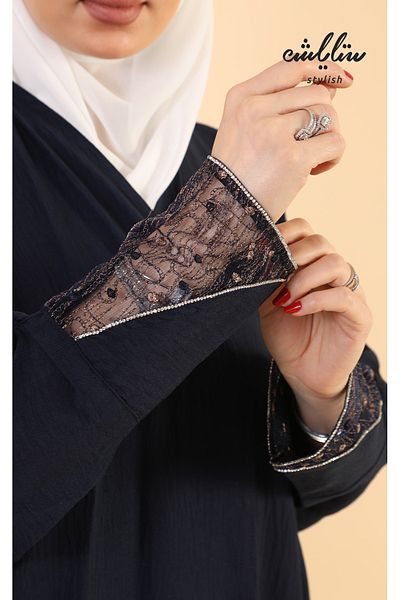Stylish Navy blue crepe wrap abaya decorated with lace