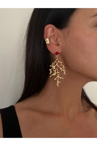 Atelier Licia Red Stone Detailed Branch Coral Form Earrings-Gold Design Earrings-Trend Earrings