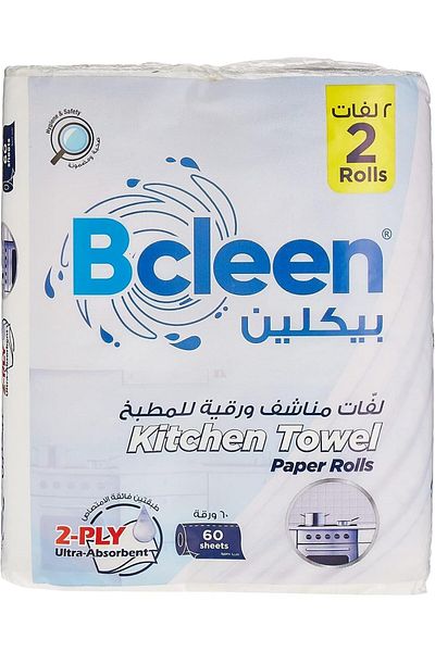 Bcleen ® Kitchen paper towel roll, 60 sheets X 2ply, 2 rolls, Mega sterilized tissues for germ prote