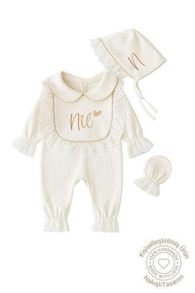 Minytrendy Baby Girl Name Embroidered Newborn Jumpsuit Gold Glittery Scalloped Hospital Release Mevlüt Set Baby
