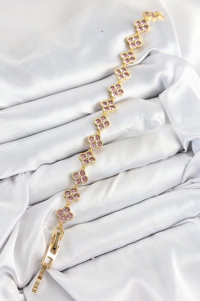 Clariss Brass Pink Zircon Stone Clover Model Gold Color Vip Series Women's Bracelet