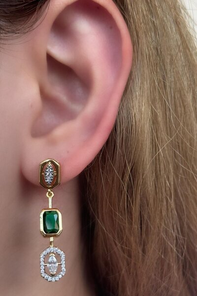 TAKIŞTIR أقراط YSX مرصعة بالحجر الأخضر اللون الذهبي (زوج)