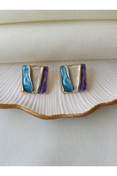 Nilsu Jewellery Accessory Gold Detaylı Çok Renkli Sedefli Ezme Plaka Küpe