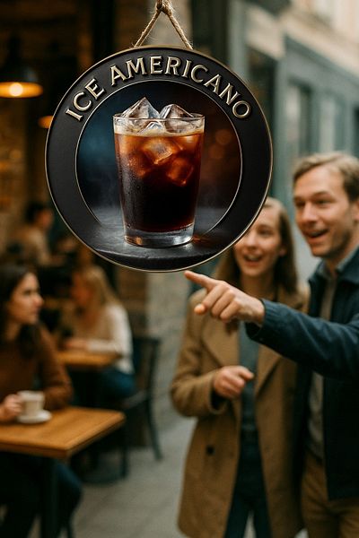 Nod Ice Americano Themed Round Cafe Sign – Jute Drawstring Wooden Wall & Door Decor |   Barista Style Ornament