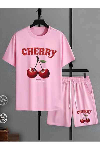 COHERENT Unisex Women/Men Pink Colored Cherry Custom Printed Shorts T-Shirt Set