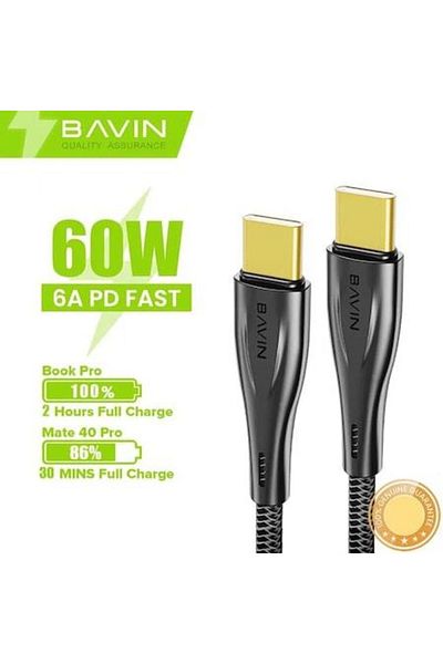 Bavin Cablu de încărcare rapidă CB228 USB-C la USB-C, 60W, 1,5m, negru, placat cu aur